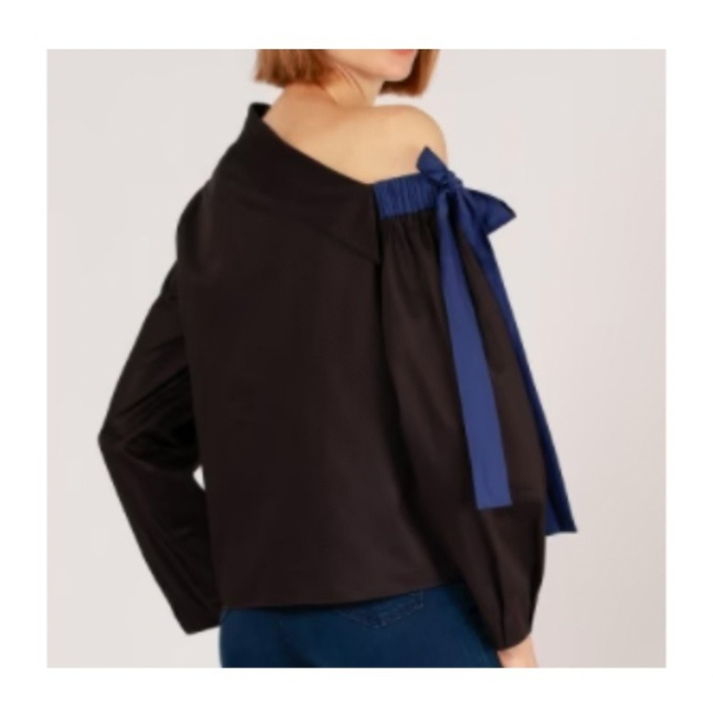 Harshman Liana Black Cotton Boat Neck Bow‎ Detail Long Sleeve Blouse XS